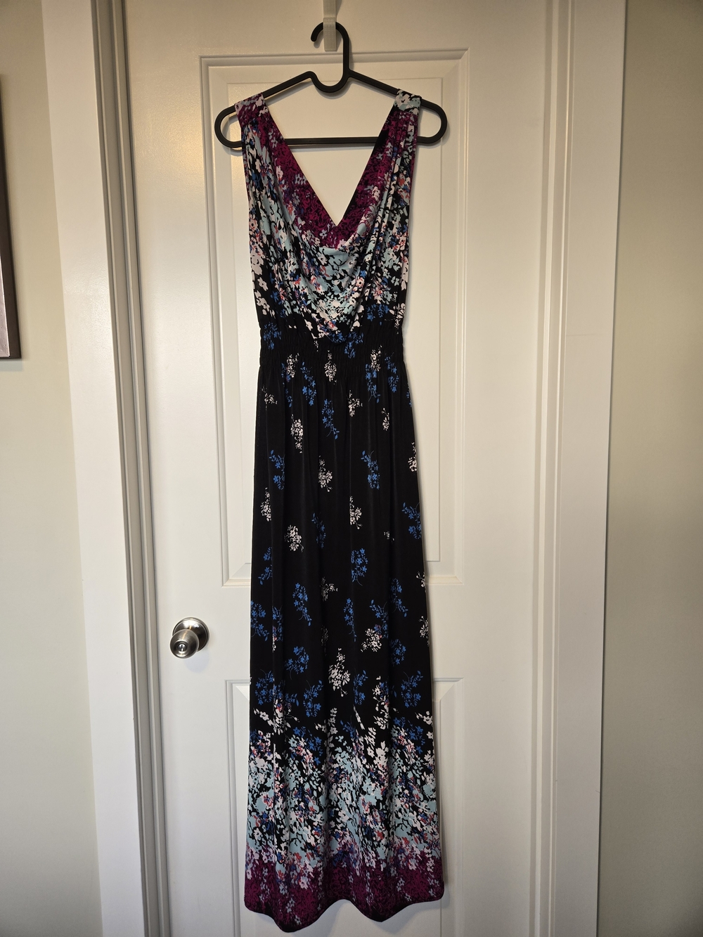Floral Draped V-Neck Maxi Dress in Black and Purple